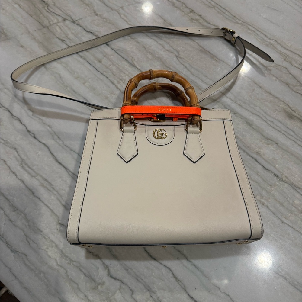 Gucci Wonka Grain Calfskin Small Diana Tote Bag Mystic White Orange Fluo